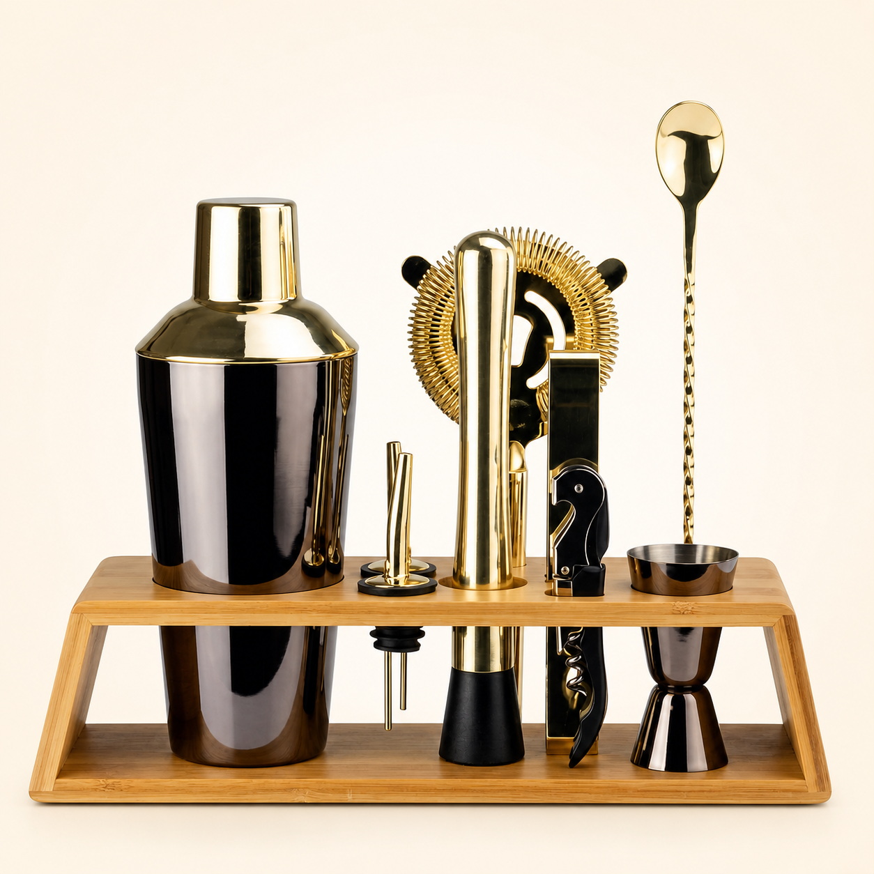 Black-and-Gold Cocktail Tool Set with Bamboo Display Stand