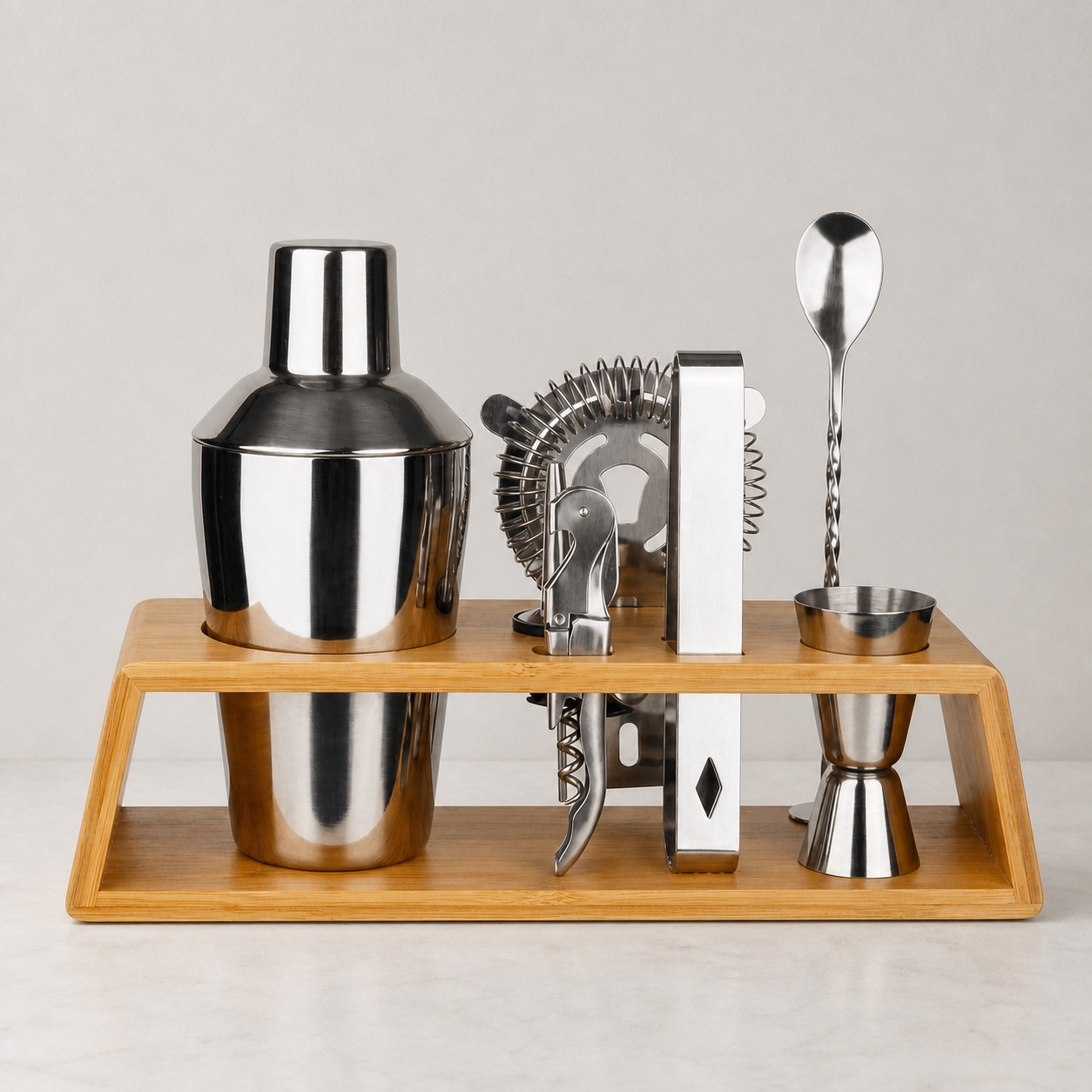 Stainless Steel Cocktail Tool Set with Bamboo Display Stand