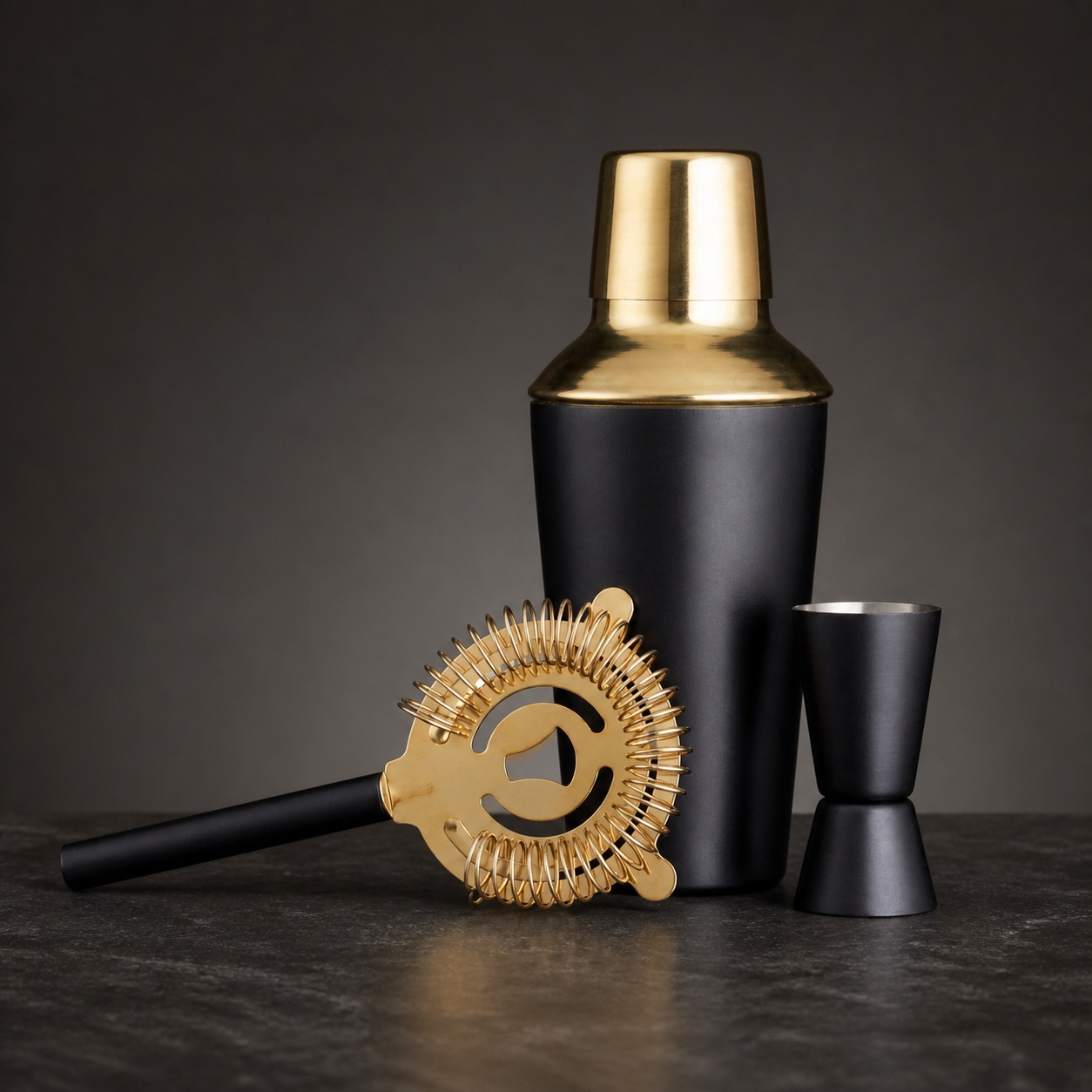 Black-and-Gold Three-Piece Cocktail Shaker Set
