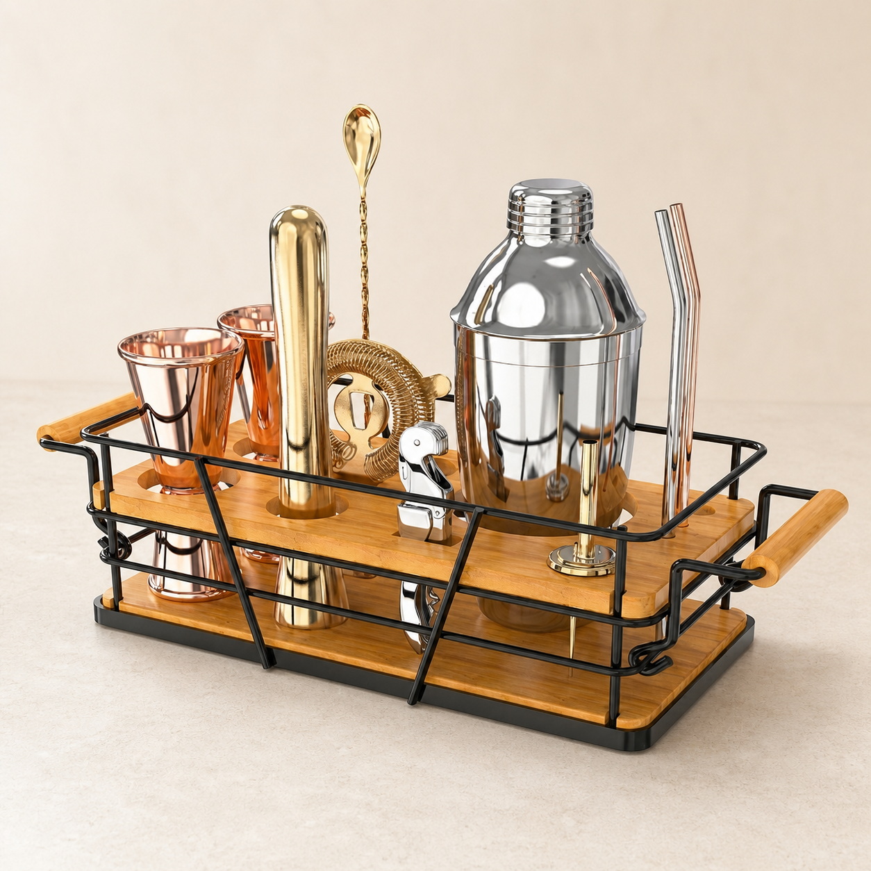 Mixed-Finish Bar Tool Set in Bamboo and Black Metal Caddy