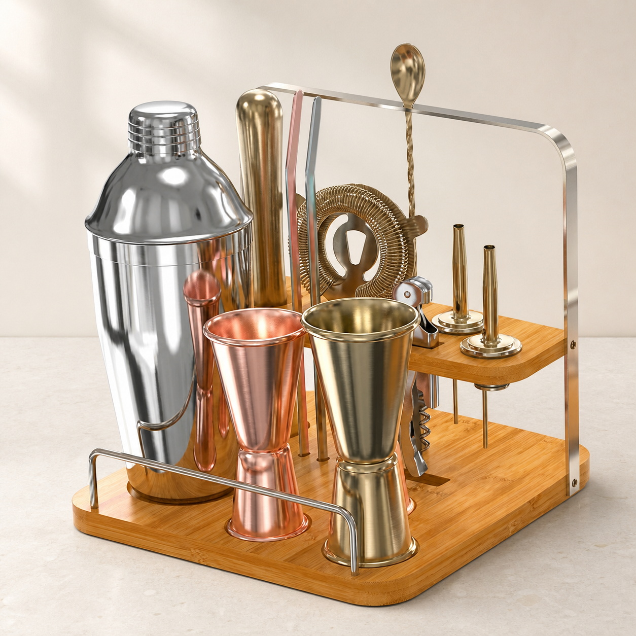 Mixed-Finish Bar Tool Set with Bamboo Carry Stand