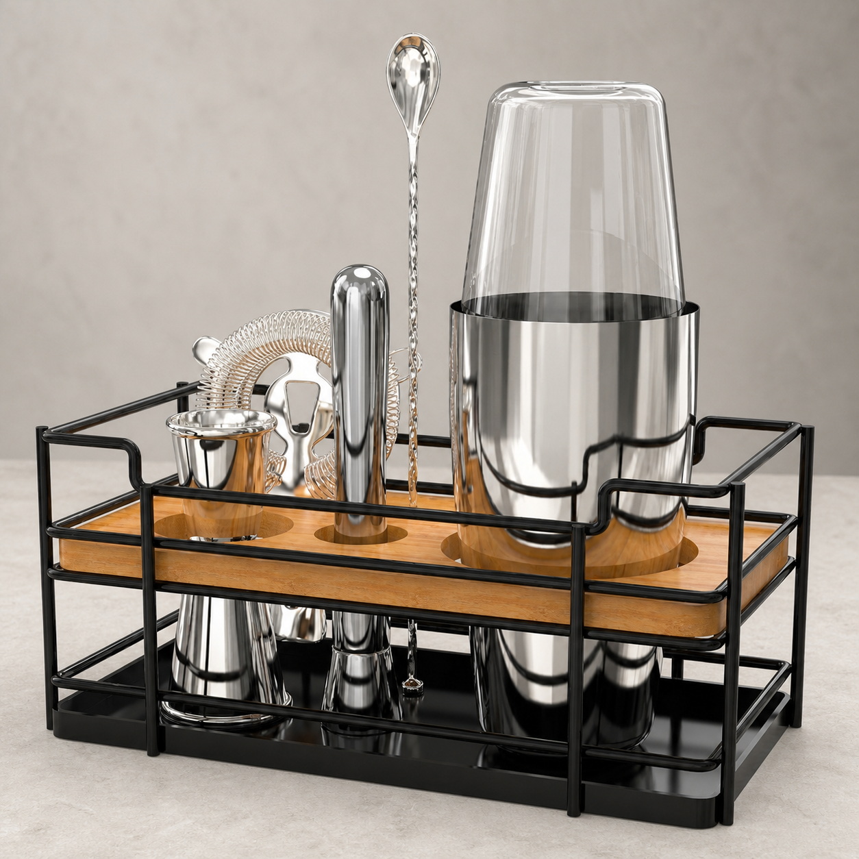 Stainless Steel Cocktail Set in Two-Tier Black Metal Rack