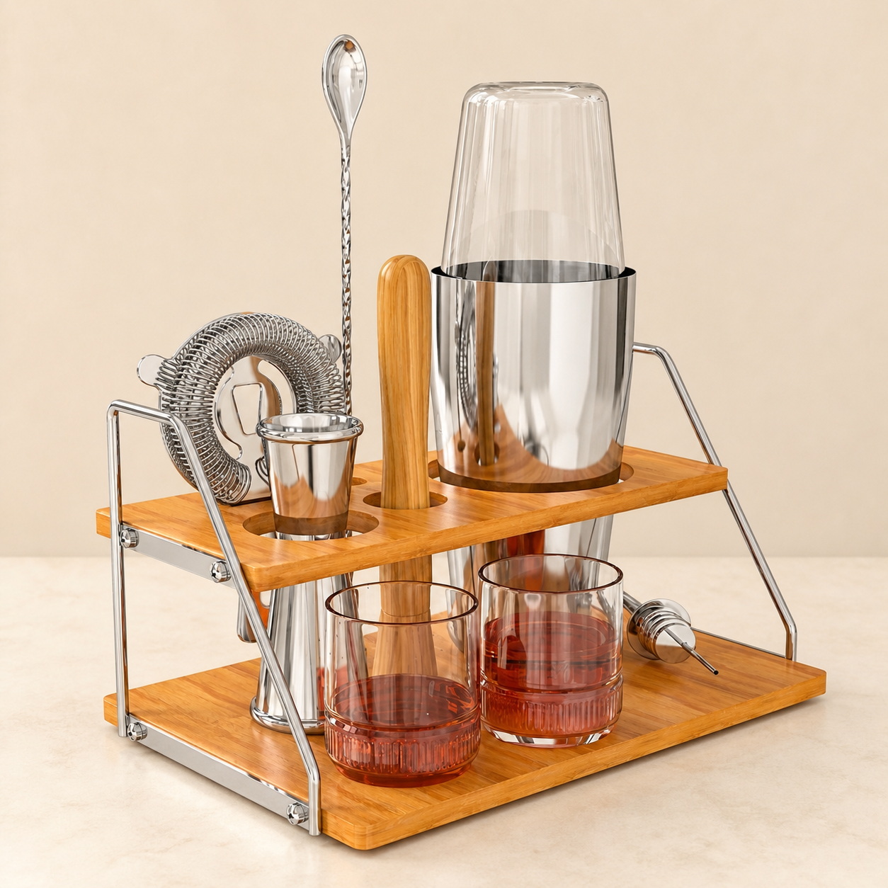 Cocktail Mixing Set with Two-Tier Bamboo Serving Stand