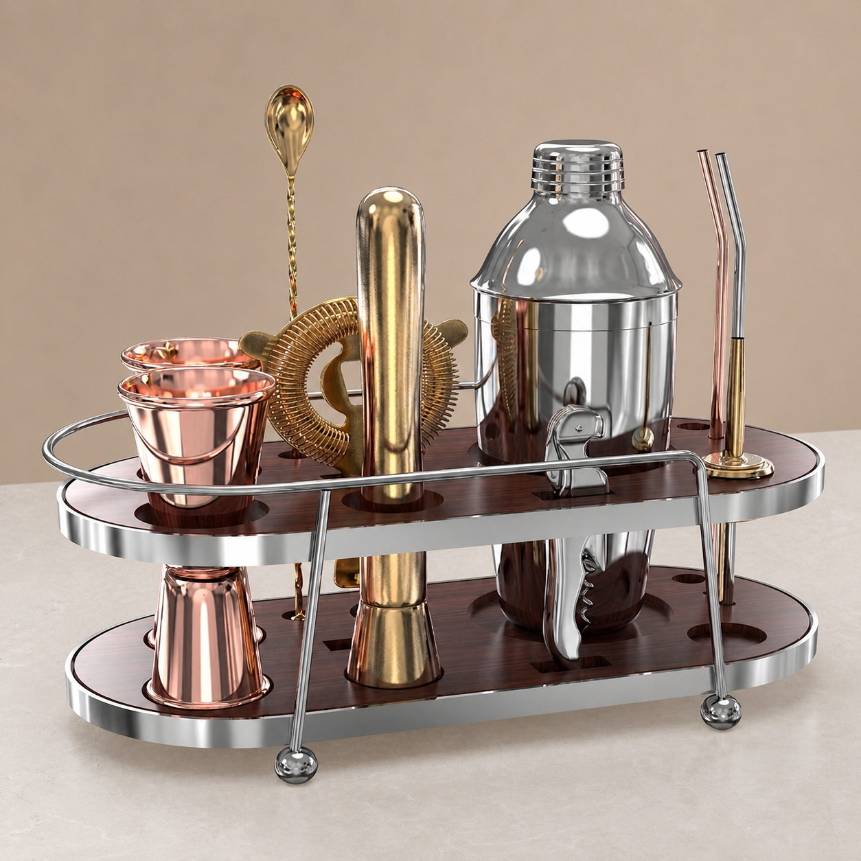 Mixed-Finish Cocktail Tool Set with Oval Two-Tier Stand