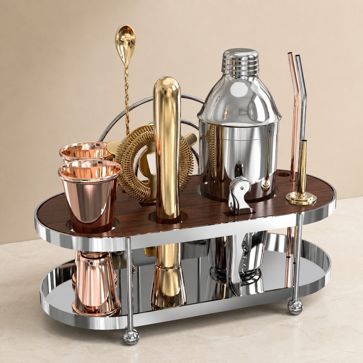 Mixed-Finish Cocktail Tool Set with Open Oval Display Stand