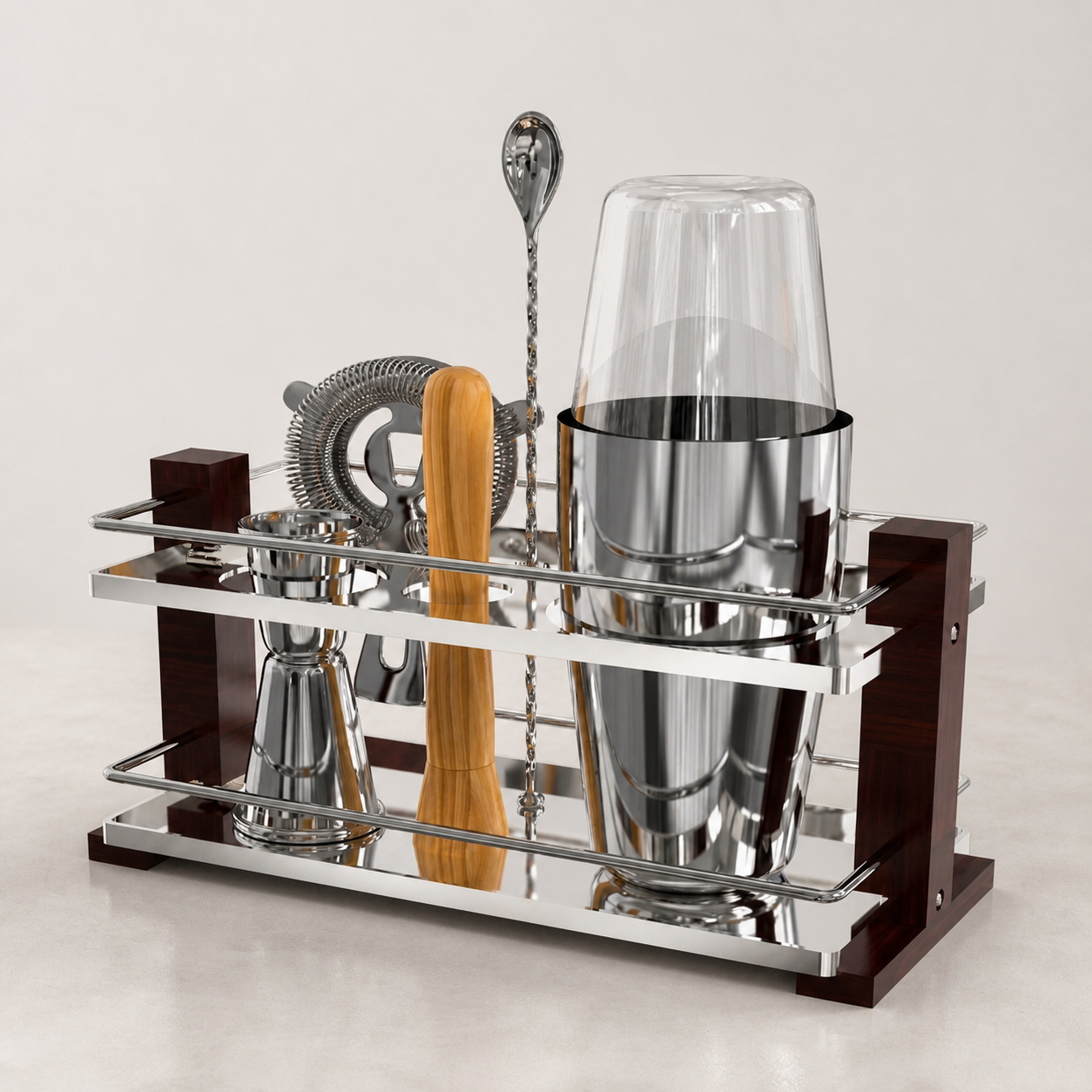 Cocktail Mixing Set with Dark-Wood Two-Level Storage Rack