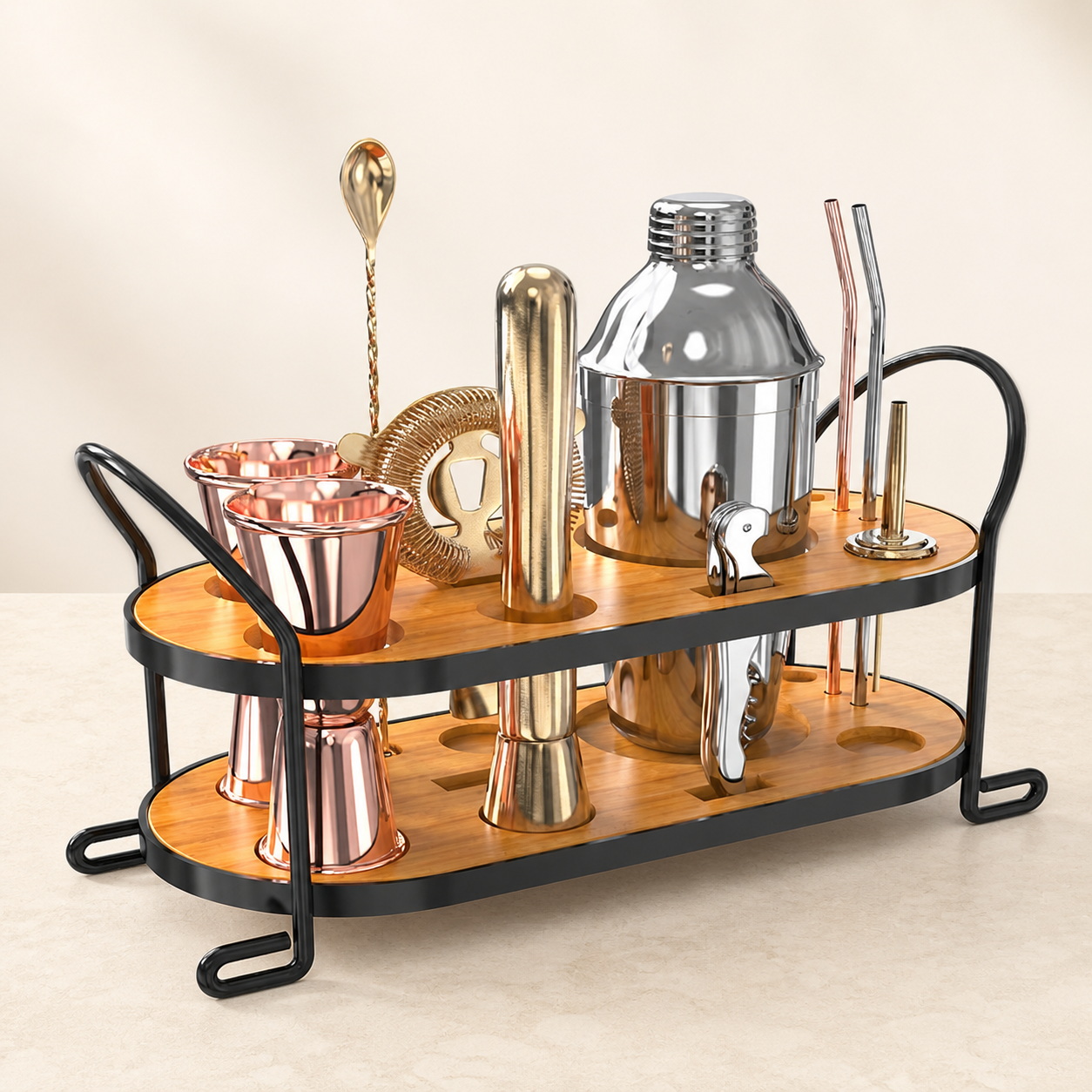 Mixed-Finish Cocktail Tool Set with Loop-Handle Bamboo Stand