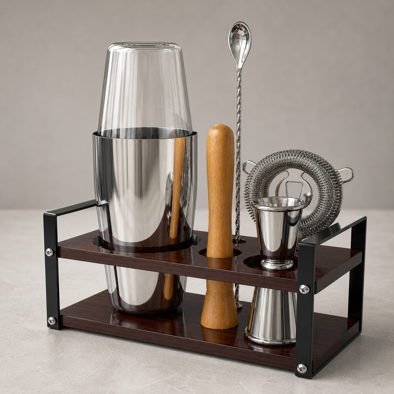 Compact Cocktail Mixing Set with Dark-Wood Two-Tier Stand